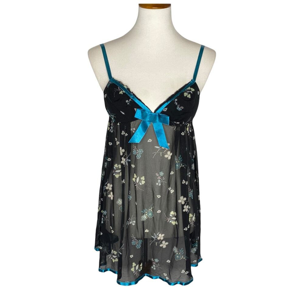 Victoria's Secret Slip Dress Black Floral Turquoise Bow Mesh Babydoll Large Y2K
